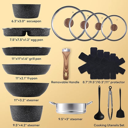 NEWBULIG 17-Piece Nonstick Cookware Set, Non-Toxic Pots and Pans with Stay-Cool Handles, Induction Compatible Cookware, PFAS & PFOA-Free, Black