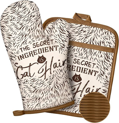 Slohif Funny Oven Mitts and Pot Holder for Women - Heat Resistant Brown Cute Novelty Kitchen Oven Mittens 100% Cotton, Non-Slip Silicone Surface Pot Holder for Baking and Cooking Accessories