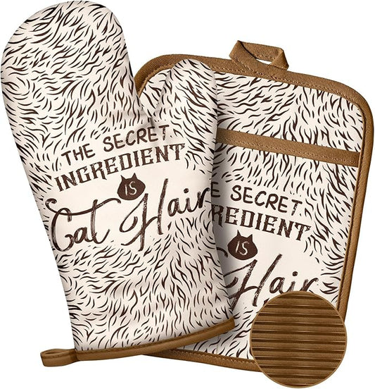 Slohif Funny Oven Mitts and Pot Holder for Women - Heat Resistant Brown Cute Novelty Kitchen Oven Mittens 100% Cotton, Non-Slip Silicone Surface Pot Holder for Baking and Cooking Accessories