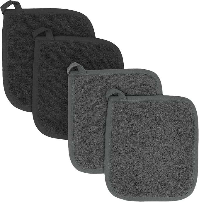 RITZ Terry Potholder & Hot Pad: Unparalleled Heat Resistant, Durable 100% Cotton – Ergonomically Designed for Optimal Grip – Easy-Care Machine Washable – 4-Pack, Black/Graphite by Ritz+Foodservice