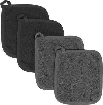 RITZ Terry Potholder & Hot Pad: Unparalleled Heat Resistant, Durable 100% Cotton – Ergonomically Designed for Optimal Grip – Easy-Care Machine Washable – 4-Pack, Black/Graphite by Ritz+Foodservice