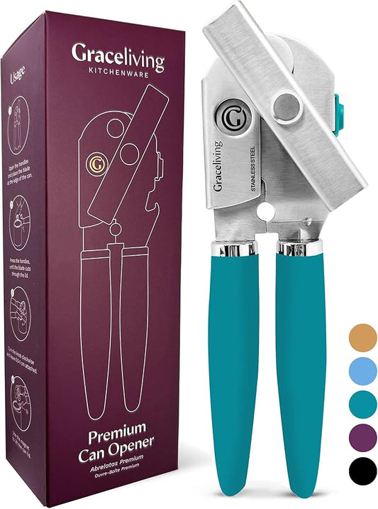 Premium Multifunctional Magnetic Manual Can Opener and Bottle Opener, Heavy Duty Stainless Steel Sharp Cutting Blade and Oversized Easy Turn Knob, Soft-Touch Handle, Kitchen Use, Teal by GracelivingKitchenware