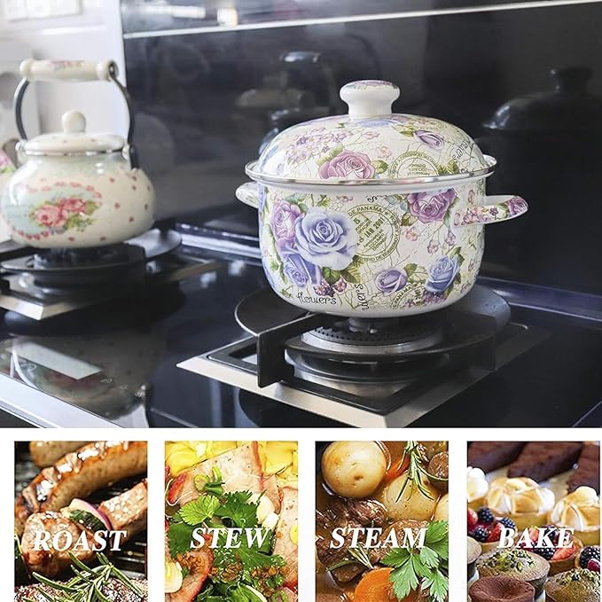 Retro 5QT Flower Enamel on Steel Stock Soup pot with Lid, Stockpots for Cooking,Retro Classic Design - Image 7
