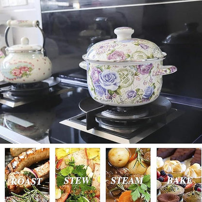 Enamel Stockpot with Lid, 2.5 Quart Retro Cooking Pot, Vintage Floral Stew Bean Simmer Pot with Handle, Kitchen Soup Pot,Retro Classic Design - Image 7
