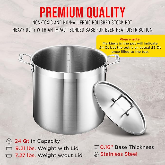 Stainless Steel Stockpot with Lid 24 Quart, Durable 18/8 Stainless Steel, Impact-Bonded Base for Even Heating, Riveted Handles, Oven & All Stove Compatible, Safe Up To 500°F (260°C) - Image 6