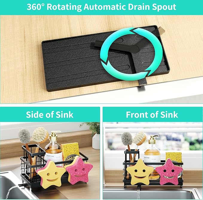 HapiRm Sink Caddy Sponge Holder - Self-draining Kitchen Sink Organizer with Smiley Face and Brush Holder, Stainless Steel Kitchen Sponge Caddy for Countertop - Black - Image 3