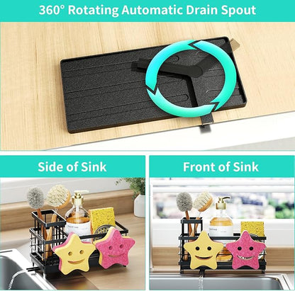 HapiRm Sink Caddy Sponge Holder - Self-draining Kitchen Sink Organizer with Smiley Face and Brush Holder, Stainless Steel Kitchen Sponge Caddy for Countertop - Black - Image 3