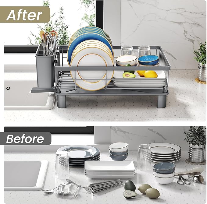SNTD Dish Drying Rack - Small Dish Rack for Kitchen Counter, Stainless Steel Dish Drainer with Utensil Holder and Drainboard, 11" W x 15" L (Grey) - Image 8