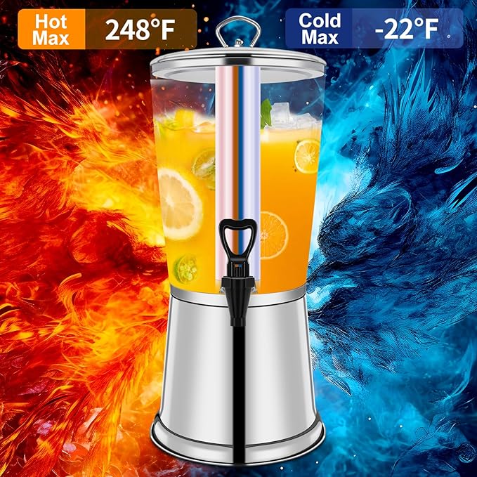 FULIYE Beverage Dispenser with Stand, Drink Dispensers for Parties, Beverage Dispenser with Ice Container, 2.2 Gallon/8L, Clear Acrylic Stainless Steel Lemonade Dispenser for Buffet, Café, Bar