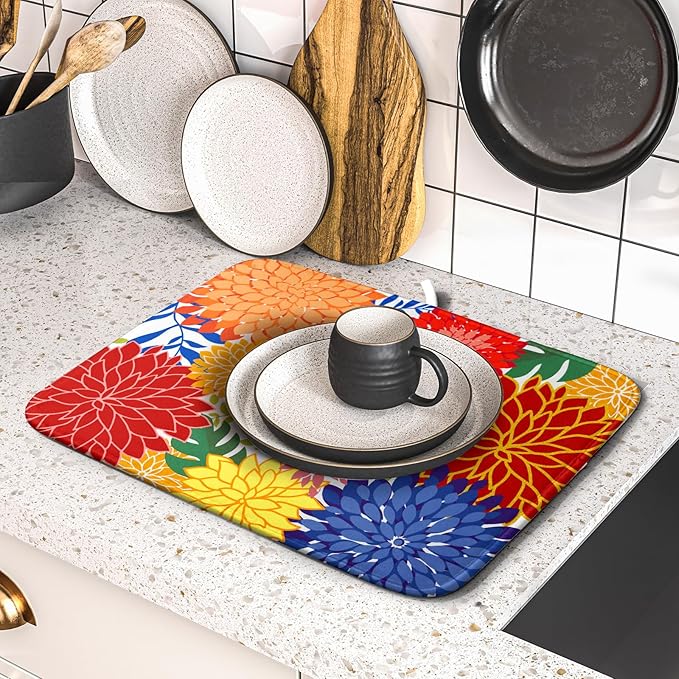 Modern Floral Dish Drying Mat 16x18 in Multicolored Tropical Drying Pad for Kitchen Counter - Image 5
