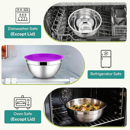 E-far Mixing Bowls With Lids Sets of 5, 10-Piece Stainless Steel Salad Metal Nesting Bowl for Baking Cooking and Prepping, Airtight Lid & Stackable Design, Size 4.6, 3, 2.1, 1.5, 0.7 QT, Colorful - Image 7