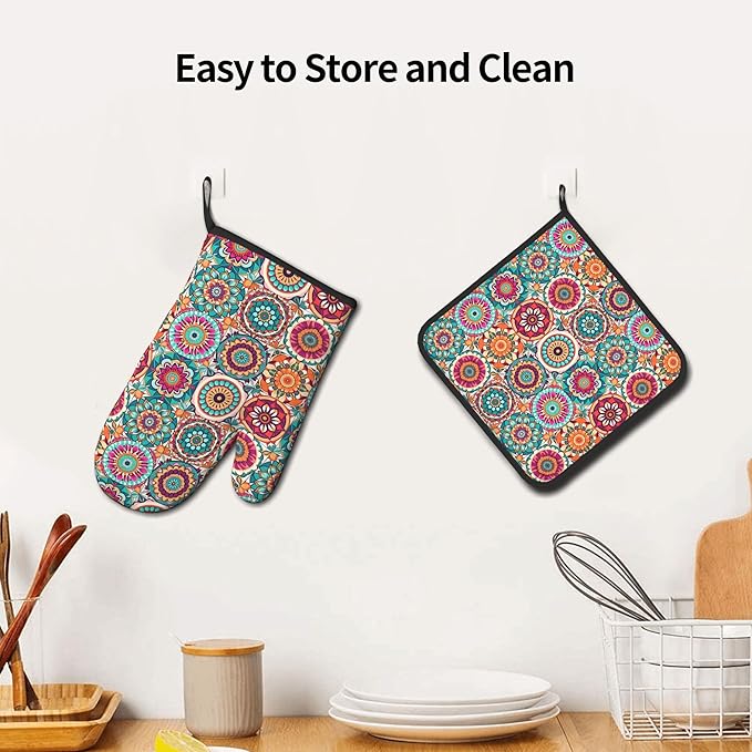 Boho Oven Mitts and Pot Holders - Mexican Flower Kitchen Mitt Sets of 2 Bohemian Oven Gloves Hot Pads for Cooking Baking Grilling - Image 6