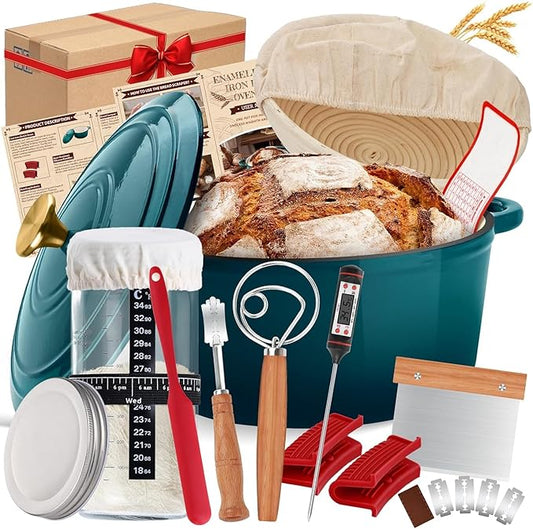 Enameled Cast Iron Dutch Oven Pot with Lid, Incl. Sourdough Bread Baking Supplies Like Banneton Bread Proofing Basket, Starter Jar, Scoring Tool Lame, 5QT Dutch Oven for Bread Baking, Oven Safe up to 500°F by NZQXJXZ