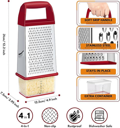 Urbanstrive Cheese Grater With Container, Professional Cheese Grater with Handle, Stainless Steel Graters for Kitchen Handheld, Box Grater with 4 Sides for Vegetables, Ginger, Potatoes (Red) - Image 5