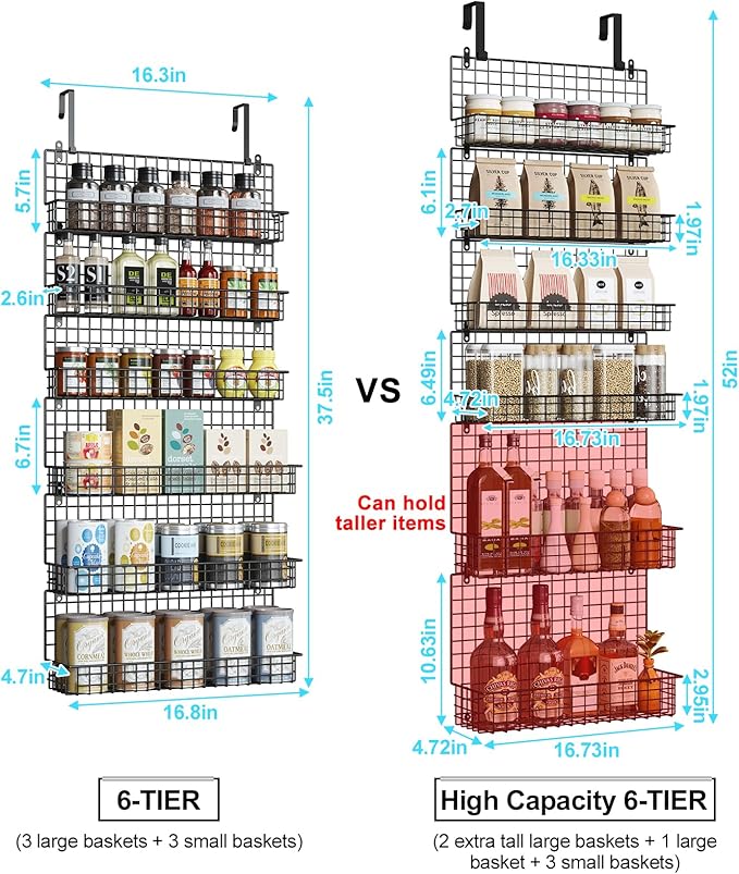 JKsmart High Capacity 6-Tier Spice Rack Organizer with Door Hook, Wall-Mounted & Over-the-Door for Kitchen Pantry Cabinet - Black - Image 2