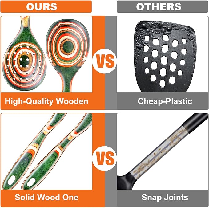7Pcs Pakkawood Kitchen Utensils Set for Cooking, Wooden Spoons for Cooking, Safe Eco-Friendly, Non-Stick, Wooden Utensil for Cooking,Wooden Cookware Set, Housewarming Kitchen Gifts, Green