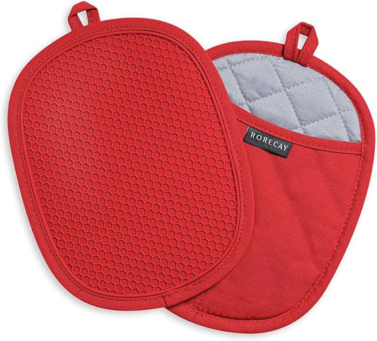 2-Pack Silicone Pot Holders for Kitchen Heat Resistant up to 500°F, Non-Slip Large Hot Pads with Pocket, Quilted Liner Trivets for Countertops Hot Pots and Pans (Red) by Rorecay
