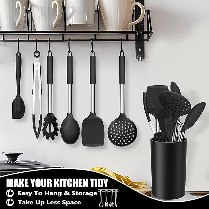 E-far 14 Pieces Silicone Cooking Utensils Set, Kitchen Utensils Set with Holder, Spatula, Ladle, Spoon, Tong, Slotted Turner for Nonstick Cookware, Heat Resistant & Stainless Steel Handle, Black - Image 7