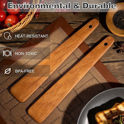2PCS Teak Wooden Spatula for Cooking, 12 Inch Wood Spatula Turner & Egg Flipper Scraper for Cast Iron, Flat Wood Cooking Utensils, Spatulas Spoons Perfect for White Elephant Gift ideas, Kitchen Gifts
