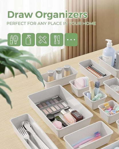 BiuLeon 25 PCS Plastic Drawer Organizers Set, 4-Sizes Vanity and Makeup Organizer, Desk and bathroom Drawer Organizer Trays, Organizers and Storage for Makeup, Jewelry, Gadgets, Utensils (White) - Image 3