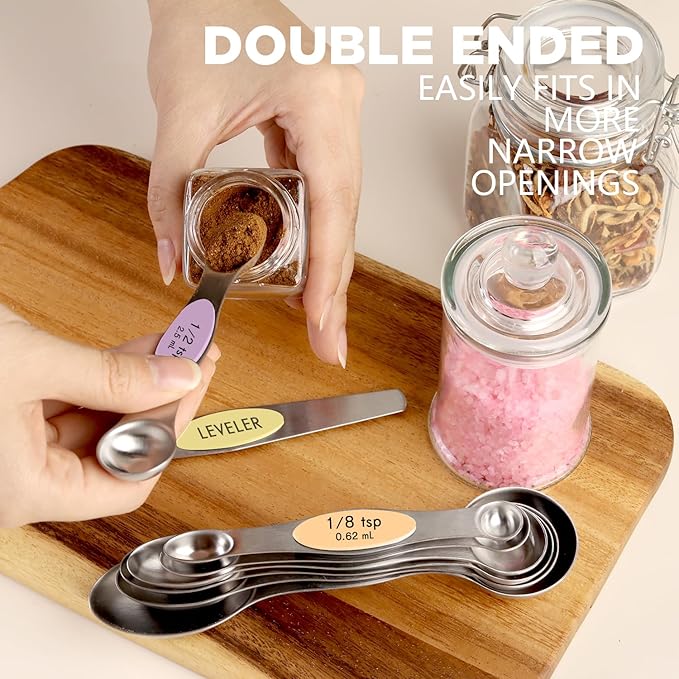 ChefAide Pack of 8 Stainless Steel Magnetic Measuring Spoons Set, Dual Sided, Stackable, Adjustable Teaspoon and Tablespoon Measure Spoon with Leveler, Kitchen Gadgets - Image 4