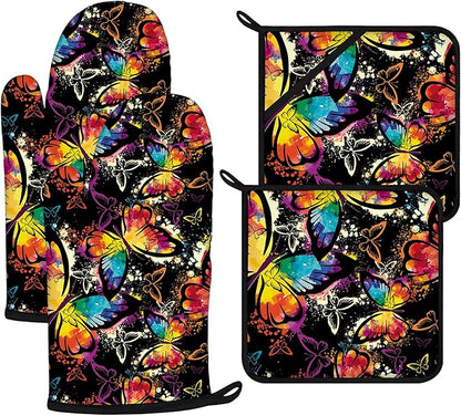 Colorful Butterfly Oven Mitts and Pot Holders Sets 4Pcs,Extra Long Oven Gloves Potholder for Kitchen Cooking Baking BBQ 100% Cotton Heat Resistant by VisittheDuibelproduct