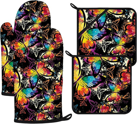 Colorful Butterfly Oven Mitts and Pot Holders Sets 4Pcs,Extra Long Oven Gloves Potholder for Kitchen Cooking Baking BBQ 100% Cotton Heat Resistant by VisittheDuibelproduct
