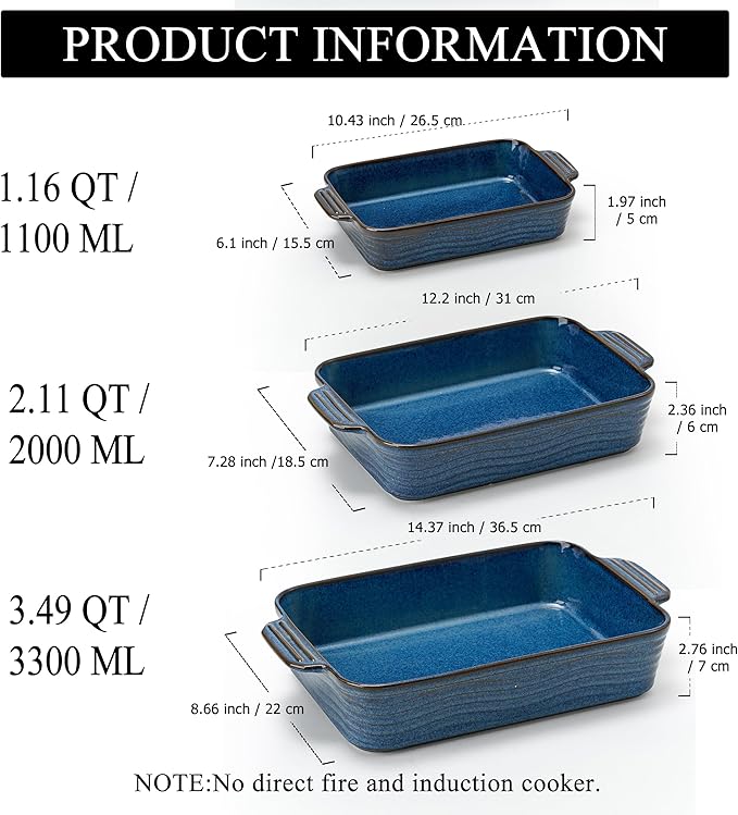 Kiln-Transformed Blue Ceramic Baking Dish Set of 3, Casserole Dishes for Oven, Square Porcelain Bakeware Set with Handles, Lasagna Baking Pan for Cooking, Perfect for Baking and Serving, Housewarming, Halloween, Thanksgiving, Christmas, New Year - Image 2