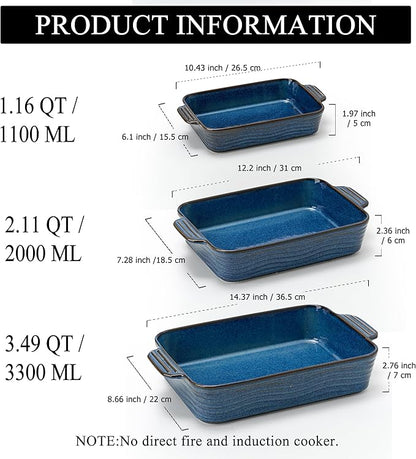 Kiln-Transformed Blue Ceramic Baking Dish Set of 3, Casserole Dishes for Oven, Square Porcelain Bakeware Set with Handles, Lasagna Baking Pan for Cooking, Perfect for Baking and Serving, Housewarming, Halloween, Thanksgiving, Christmas, New Year - Image 2