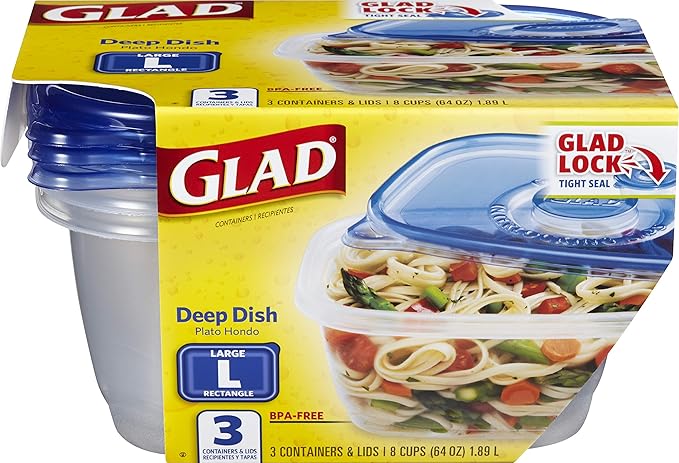 Glad GladWare Deep Dish Food Storage Containers with Lids, Large Rectangle BPA Free Plastic for Soups Salads and Meal Prep, Lock Tight Seal, Microwave Dishwasher Safe, 64 Oz, 3 Count - 6 Pack - Image 2