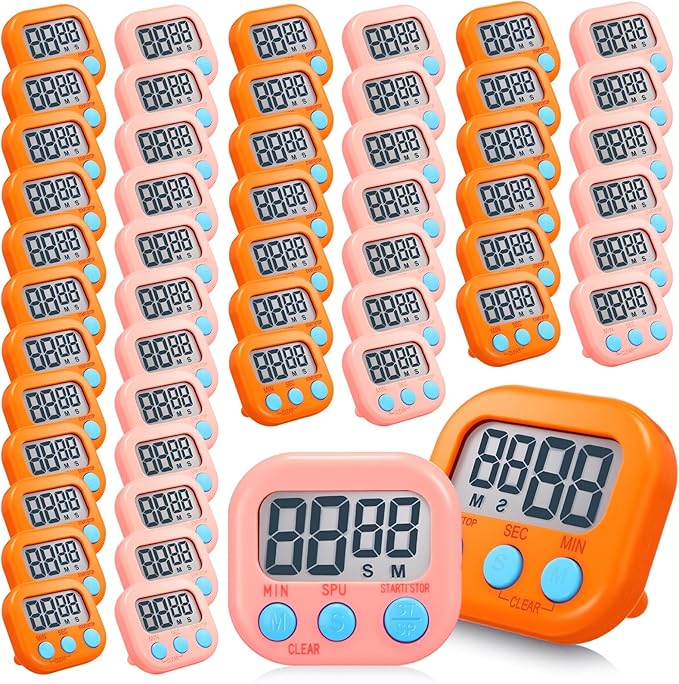 Xuhal 50 Pieces Digital Kitchen Timer Bulk, Small Magnetic Timers for Classroom, Digits Stopwatch Clock Timer for Cooking Baking Sports Games Office, Not Including Battery (Pink,Orange) by Xuhal