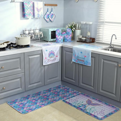 Fourluoo 10 Pcs Mermaid Kitchen Dish Towels Rugs Oven Mitts and Pot Holders Set Farmhouse Kitchen Decor Set for Women Mom Daughter Gift Cooking Baking Grilling