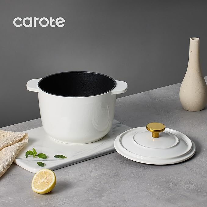 CAROTE 2QT Enameled Cast Iron Dutch Oven Pot with Lid, Mini Round, White