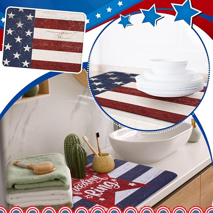 SiliFine 2 Pcs 4th of July Dish Drying Mat for Kitchen 18 x 24 Inch 250th Anniversary Patriotic Red White Blue Memorial Independence Day Star Microfiber American Flag Dish Drainer Mat for Countertop