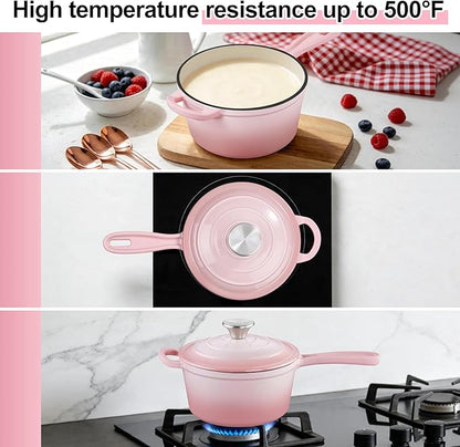 1 Quart Sauce Pan with Lid, Leonyo Small Cooking Pots, Enameled Cast Iron Cookware Set Simmer Pots for Kitchen Induction Boiling Soup, Bread, Ramen - Up to 500°F & Oven Safe, Pink