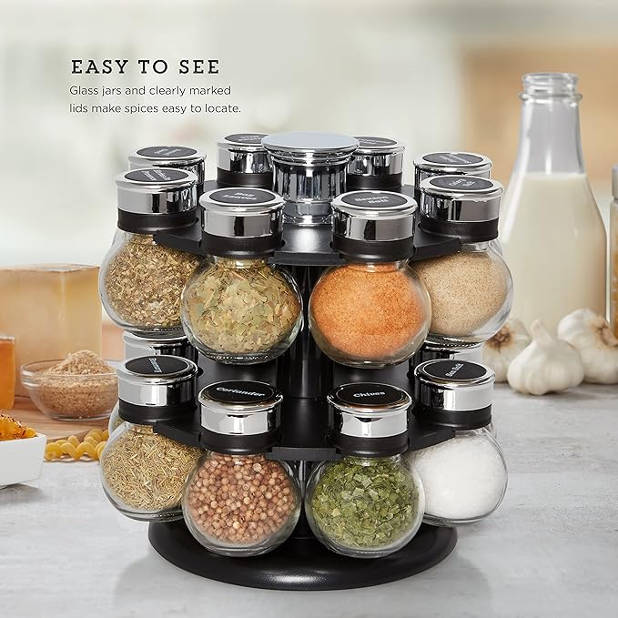 Kamenstein Ellington 16 Jar Revolving Spice Rack with Prefilled Spices - Rotating Chrome and Plastic Countertop Organizer with Sifter Caps and Labeled Lids - Image 5
