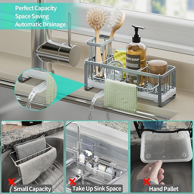 HapiRm Sponge Holder for Kitchen Sink - Self-draining Sink Caddy with Brush and Dishcloth Holders, Stainless Steel Kitchen Organizer for Countertop - Grey - Image 7