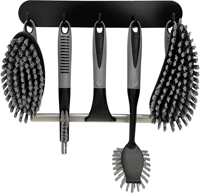 Scrub Brush Set of 6 pcs - Cleaning Shower Scrubbers with Squeegee for Shower Glass and Adhesive Wall Hooks Including Grout Cleaner Brush, Scrub Brushes for Cleaning Bathroom, Shower, Tile, Bathtub by TrazonProducts