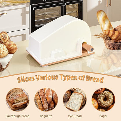 CAWIU Upgraded Manual Bread Slicer for Homemade Sourdough Bread - Adjustable Thickness Bread Cutter with Hand Crank, Suction Cups, Slicing Guide, Scale Line & Cover, for Perfect Even Slices (Cream)