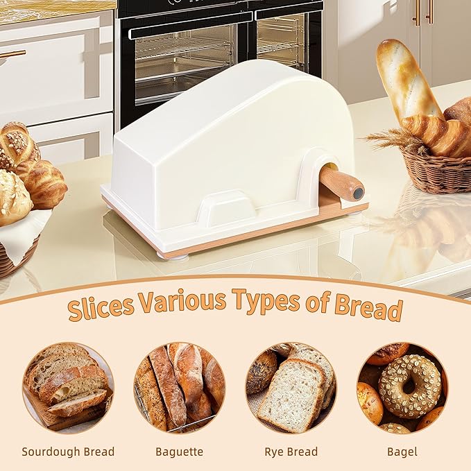 CAWIU Upgraded Manual Bread Slicer for Homemade Sourdough Bread - Adjustable Thickness Bread Cutter with Hand Crank, Suction Cups, Slicing Guide, Scale Line & Cover, for Perfect Even Slices (Red)