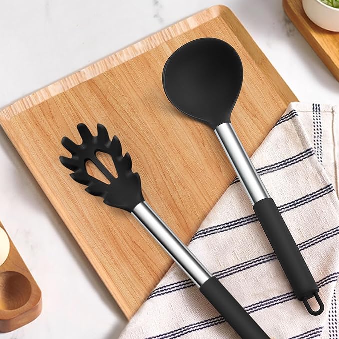 TeamFar Silicone Pasta Fork and Ladle Spoon Set, 2 Pcs Large Nonstick Kitchen Utensils with Stainless Steel Handle for Cooking, Draining, Serving Soup, Sauce, Spaghetti, Healthy & Heat-Proof, Black - Image 7