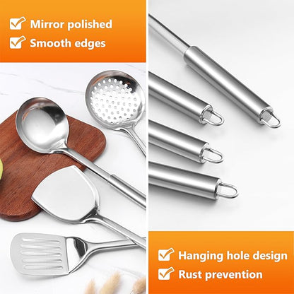 E-far Stainless Steel Cooking Utensils, 4-Piece Heat Resistant Kitchen Utensils Set, Non-toxic Metal Kitchen Tools Spatulas Set Including Soup Ladle, Slotted/Solid Turner, Skimmer, Dishwasher Safe - Image 7