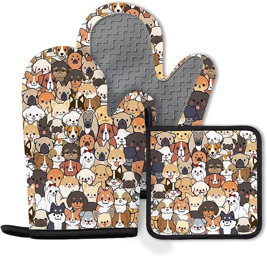 Dog Silicone Oven Mitts and Pot Holders 3Pcs, Cute Dog Silicone Oven Mitts Birthday for Dogs Lover, Funny Dogs Heat Resistant Non-Slip Oven Gloves for Mom Wife Sister BFF