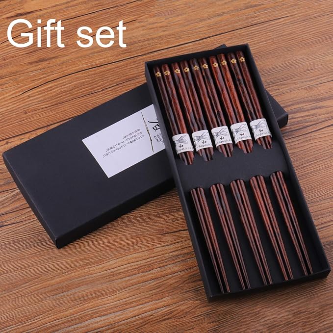 GLAMFIELDS Reusable Chopsticks Japanese Natural Wooden Classic Style 5 Pairs Lightweight Hand-Carved Safe Chop Sticks 8.8 Inch/22.5cm Gift Set - Image 7