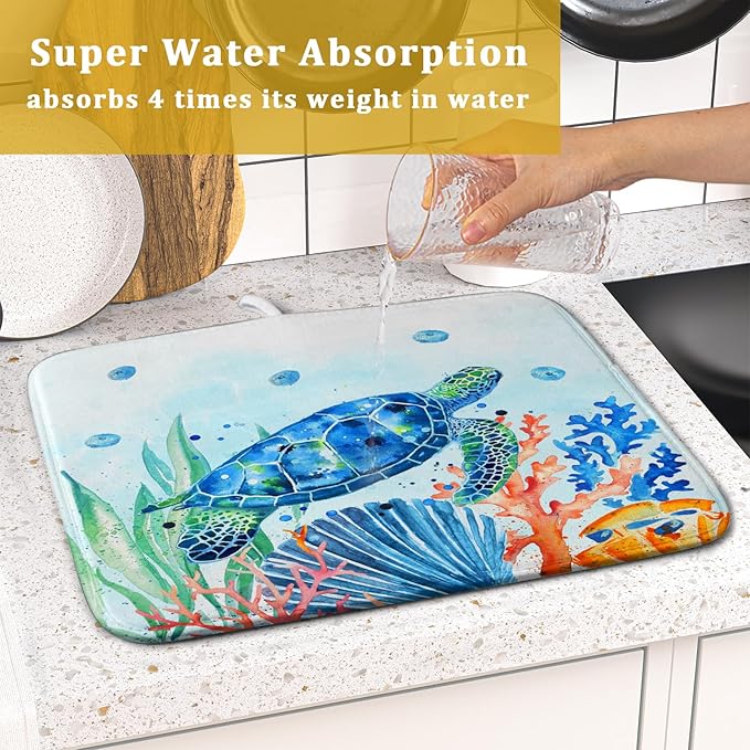 Giwawa Sea Turtle Dish Drying Mat 16x18in Watercolor Blue Tortoise Dish Drainer Mats Nautical Ocean Coral Seashell Seaweed Microfiber Dish Drying Pad for Kitchen Countertop Small Decor