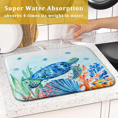 Giwawa Sea Turtle Dish Drying Mat 16x18in Watercolor Blue Tortoise Dish Drainer Mats Nautical Ocean Coral Seashell Seaweed Microfiber Dish Drying Pad for Kitchen Countertop Small Decor