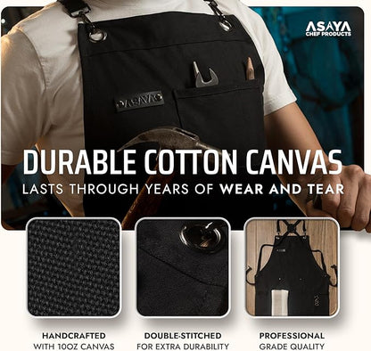 Asaya Chef and BBQ Apron with Bottle Opener and Hand Towel - 10oz Cotton Canvas, Stainless Steel Hardware - Cross Back Straps - Image 3