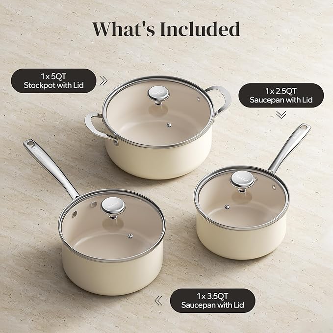 Redchef Cooking Pot Set Induction 5Qt, Saucepan Set 2.5/3.5Qt Nonstick Ceramic Cookware Set, Compatible All Cooktops, Even Heat, Stay-Cool Handles, Oven/Dishwasher Safe, PTFE PFAS Free (Beige) - Image 9