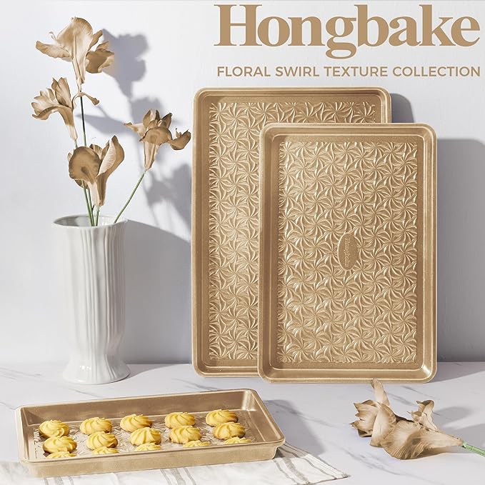 HONGBAKE Nonstick Baking Sheet Pan Set of 3, Cookie Sheets for Oven, Non-Toxic Half/Quarter/Jelly Roll Pans with Floral Swirl Texture, Heavy Duty 0.8mm Thick Oven Trays for Cooking, Antique Gold - Image 9