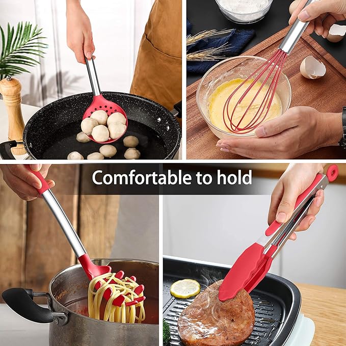 LIANYU 15-Piece Cooking Kitchen Utensils Set with Holder, Silicone Kitchen Tools Stainless Steel Handle, Slotted Spatula Spoon Turner Tong Whisk Brush for Cooking, Red - Image 6